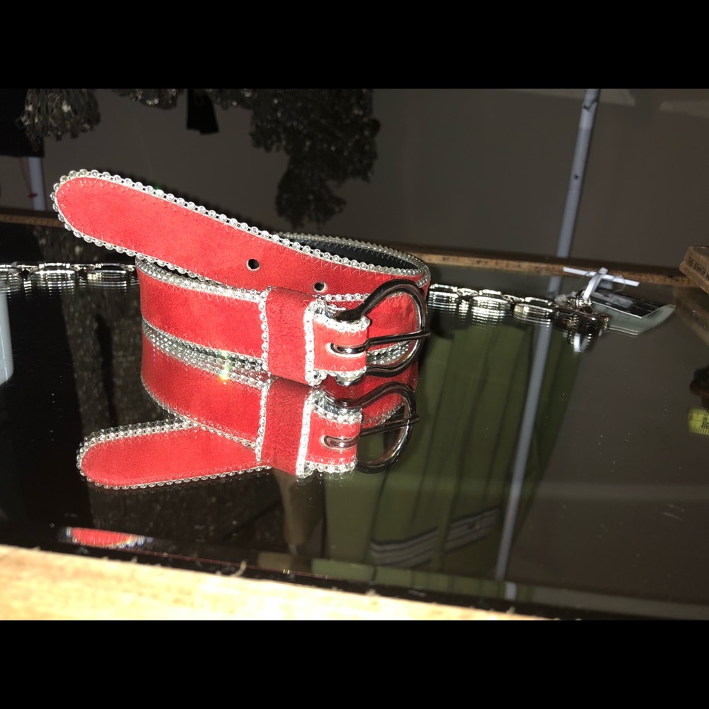 One of one redsuede Swarovski crystal French belt